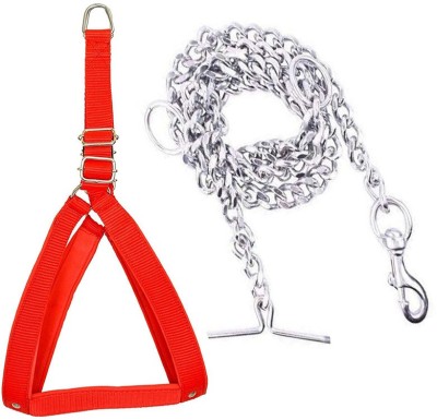 Smart Doggie Dog Belt Chain Combo of 1.25 inch Dog Body Harness with Heavy Dog Chain (Red,Steel) Dog Collar & Chain(Extra Large, Red)