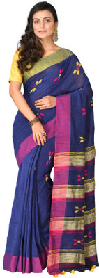 Mystory Striped Handloom Cotton Blend Saree(Blue)