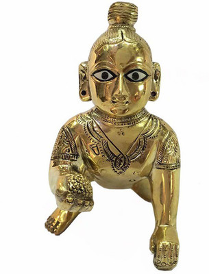 Idolsplace Fine Brass Laddu Gopal/ Little Krishna Idol Statue 600gms Decorative Showpiece  -  9 cm(Brass, Gold)