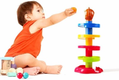 Toy Street Exclusive Collection of Toddler Basic Toys for Kids ,Baby,Boys & Girls, 5 Layer Ball Drop and Roll Swirling Tower Set, Baby Rolling Ball Bell Toys Pile Tower Puzzle Toy (Multi character) (Multicolor)(Multicolor)