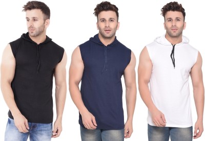 Lawful Casual Solid Men Hooded Neck White, Blue, Black T-Shirt