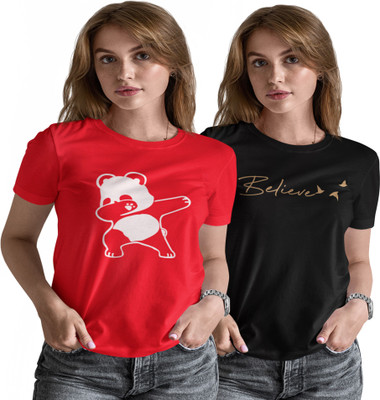 loji style Graphic Print Women Round Neck Red, Black T-Shirt