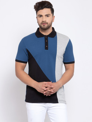 KALT Colorblock Men Polo Neck Black T-Shirt