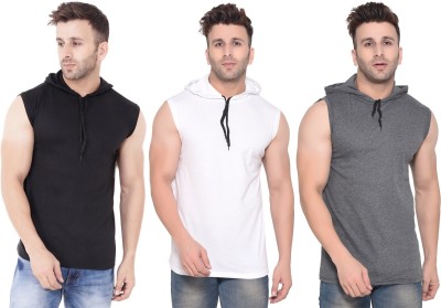Lawful Casual Solid Men Hooded Neck White, Black, Grey T-Shirt