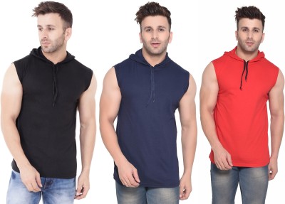 GEUM Solid Men Hooded Neck Red, Blue, Black T-Shirt