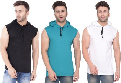 Money Leaf Solid Men Hooded Neck White, Blue, Black T-Shirt