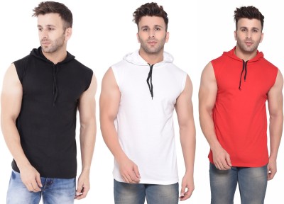 Lawful Casual Solid Men Hooded Neck Red, White, Black T-Shirt