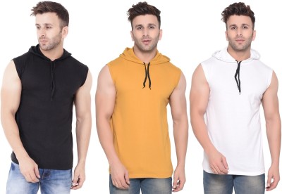 Lawful Casual Solid Men Hooded Neck White, Black, Yellow T-Shirt