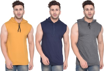 BEYOU FASHION Solid Men Hooded Neck Dark Blue, Grey, Yellow T-Shirt