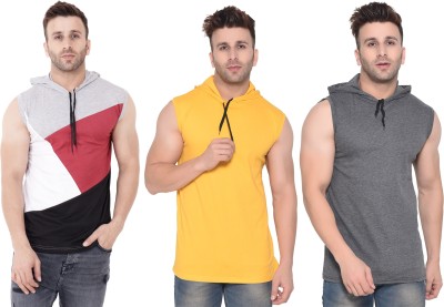 Lawful Casual Solid Men Hooded Neck Black, Grey, Yellow T-Shirt