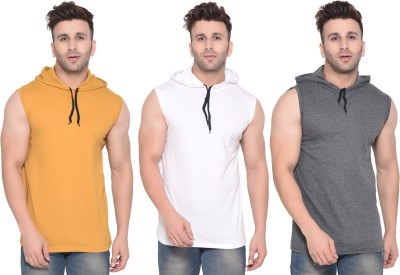 BEYOU FASHION Solid Men Hooded Neck White, Grey, Yellow T-Shirt