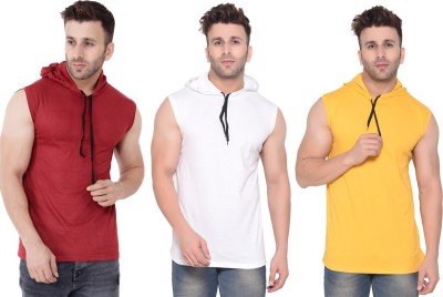 GEUM Solid Men Hooded Neck White, Maroon, Yellow T-Shirt