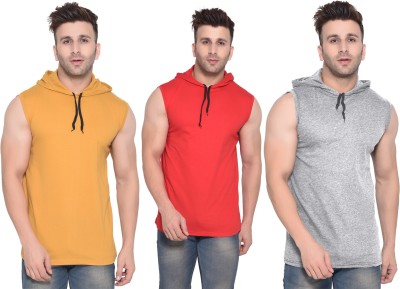 Money Leaf Solid Men Hooded Neck Red, Grey, Yellow T-Shirt