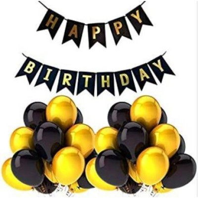 Acril Solid Happy Birthday Black Banner Balloon(Black, Gold, Pack of 51)