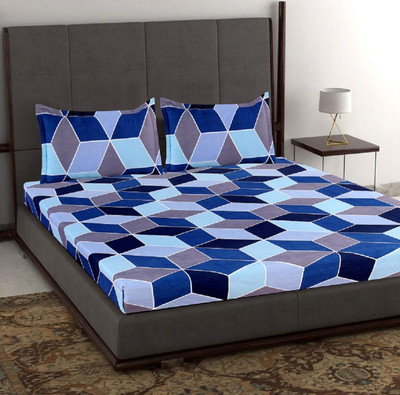 H18 SHEET 256 TC Microfiber Double Geometric Flat Bedsheet(Pack of 1, Blue)