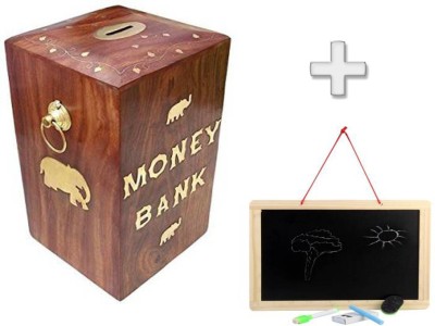 Sri Balajee Wooden Brown Handcrafted Beechwood Piggy Bank, 8X5 Inches Coin Bank(Brown)