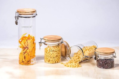 Crockeri Glass Containers With Wooden Buckle Lid | Airtight Food Storage Kitchen Jar | Dry Food Spice Container Set Airtight Lid - 2000 ml, 1200 ml, 800 ml, 450 ml Glass Utility Container(Pack of 4, Clear)