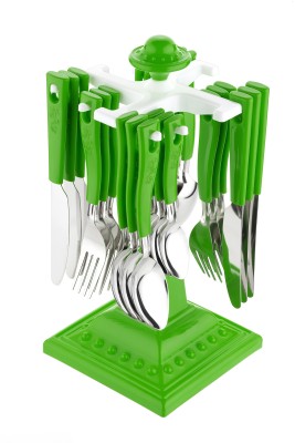 FINEJENE Swastick revolving Cutlery Set for Dining Table stainless steel 24 Piece(Contains: 6 tea Spoon, 6 Dessert Spoon, 6 Dessert Fork,6 Butter knife, 1 stand color green) Plastic, Stainless Steel Cutlery Set(Pack of 24)
