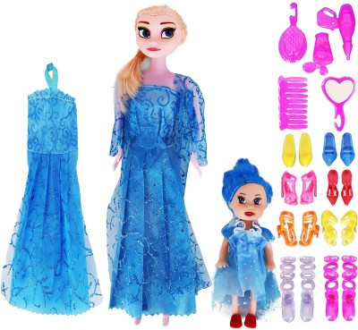 Aseenaa Beautiful Fashion Doll And Small Baby Doll Toy Set With Extra Dreess And Many Other Ornaments For Girls With Movable Joints | Baby Kids Dream House Adventures | Height : 28 Cm | Colour : Blue(Blue)