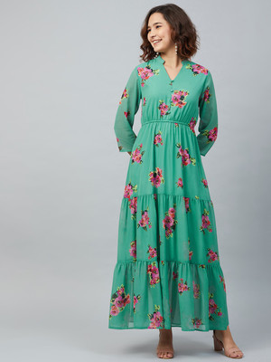 RARE Women Fit and Flare Green Maxi/Full Length Dress