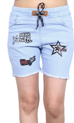 FABS Collection Short For Girls Casual Printed Denim(Light Blue, Pack of 1)