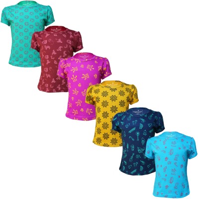 Naughty Little Girls Printed Pure Cotton T Shirt(Multicolor, Pack of 6)