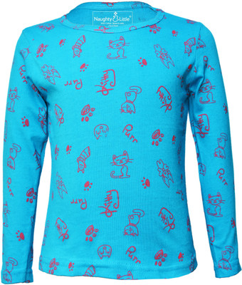 Naughty Little Girls Printed Pure Cotton Regular T Shirt(Light Blue, Pack of 1)