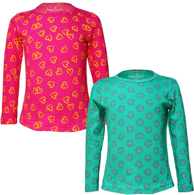 Naughty Little Girls Printed Pure Cotton Regular T Shirt(Green, Pack of 2)