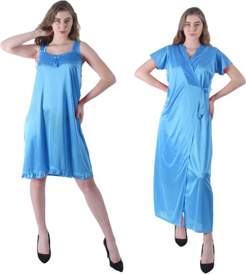 WILDSELF Women Nighty with Robe(Light Blue)