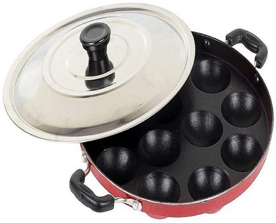 Sahas Non-Stick 12 Cavity Appam Patra/Maker Hammer-Tone Coating Paniarakkal with Lid with Lid 1 L capacity 23 cm diameter(Aluminium, Non-stick)