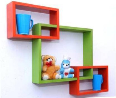 Hubwooden Intersecting MDF (Medium Density Fiber) Wall Shelf(Number of Shelves - 3, Red, Green)