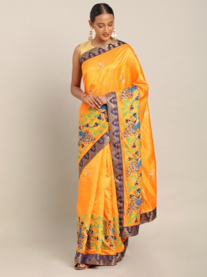 BOVTY Embroidered Bollywood Cotton Blend Saree(Yellow)