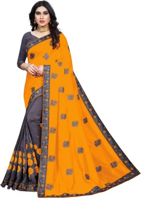 Vaidehi Fashion Embroidered Bollywood Silk Blend, Art Silk Saree(Grey, Yellow)