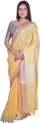 govind handloom Solid/Plain Handloom Cotton Linen Saree(Yellow)