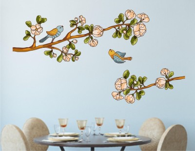 Decor Solution 35 cm Cute Bird On Nature Tree Branch With Flower Sticker ( ideal size on wall: 103 cm x 68 cm ),Multicolour Self Adhesive Sticker(Pack of 1)