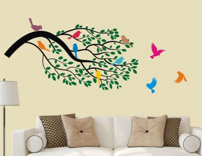 Decor Solution 30 cm Nature Tree Branch With Green Leaves And Colorful Birds Sticker ( ideal size on wall: 91 cm x 30 cm ) Self Adhesive Sticker(Pack of 1)