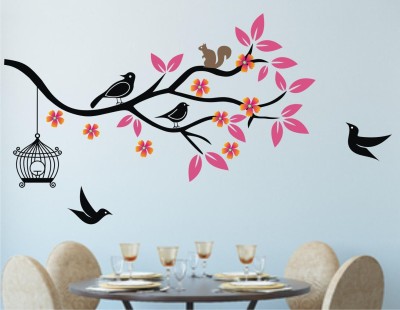Decor Solution 65 cm Birds On Tree Branch With pink Leaves And Birdcage Sticker ( ideal size on wall: 120 cm x 65 cm ),Multicolour Self Adhesive Sticker(Pack of 1)