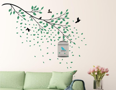 Decor Solution 80 cm Wall Sticker Tree Branch With Birdcage For Room ( ideal size on wall: 92 cm x 80 cm ),Multicolour Self Adhesive Sticker(Pack of 1)