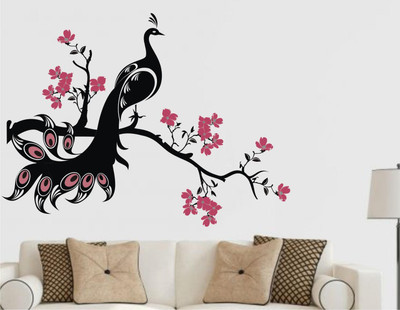 Decor Solution 75 cm Wall Sticker - Peacock On Nature Tree - Flower - For Bedroom, Room ( ideal size on wall: 101 cm x 75 cm ) Self Adhesive Sticker(Pack of 1)
