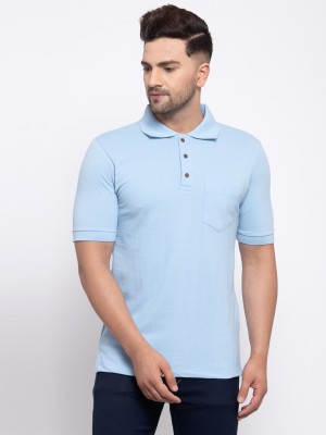 KALT Solid Men Polo Neck Light Blue T-Shirt