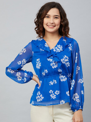 RARE Casual Full Sleeve Printed Women Blue Top