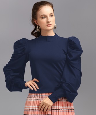 DL Fashion Casual Full Sleeve Solid Women Blue Top