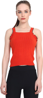 Joe Hazel Casual Sleeveless Self Design Women Orange Top