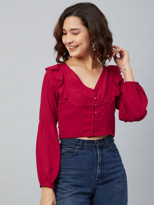 RARE Casual Full Sleeve Printed Women Red Top