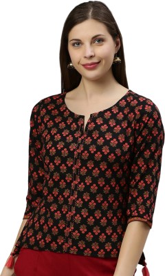 Janasya Casual 3/4 Sleeve Printed Women Black Top