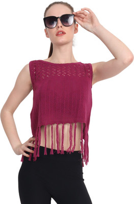 Joe Hazel Casual Sleeveless Self Design Women Purple Top