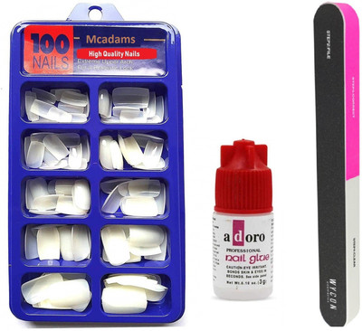 McAdams Reusable Acrylic Artificial Nails with Glue & 7 Ways Nail Buffer Filer Set Manicure Tool(3 Items in the set)