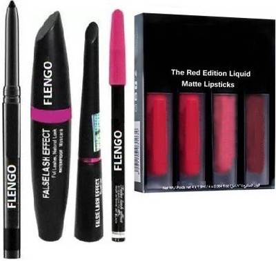 FLENGO Smudge Proof Essentials Makeup Kajal & 3in1 Eyeliner , Mascara , Eyebrow Pencil & Red Edition Set of 4 Liquid Matte Lipstick(8 Items in the set)