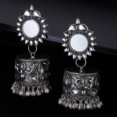 Kaima Antique Real Authentic Silver Look Oxidised Mirror Jhumka Earrings Cubic Zirconia Brass Jhumki Earring