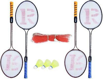 KNK Double Shaft Badminton Racket Pack Of 4 Piece With 3 Piece Plastic Shuttle And 1 Piece Badminton Net Badminton Kit